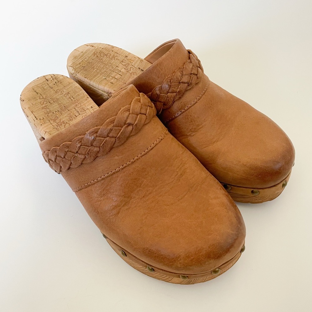 Kork Ease Tilly Clogs Tan Braided Leather Studded Heeled Slip On Wood Mules - Picture 3 of 12